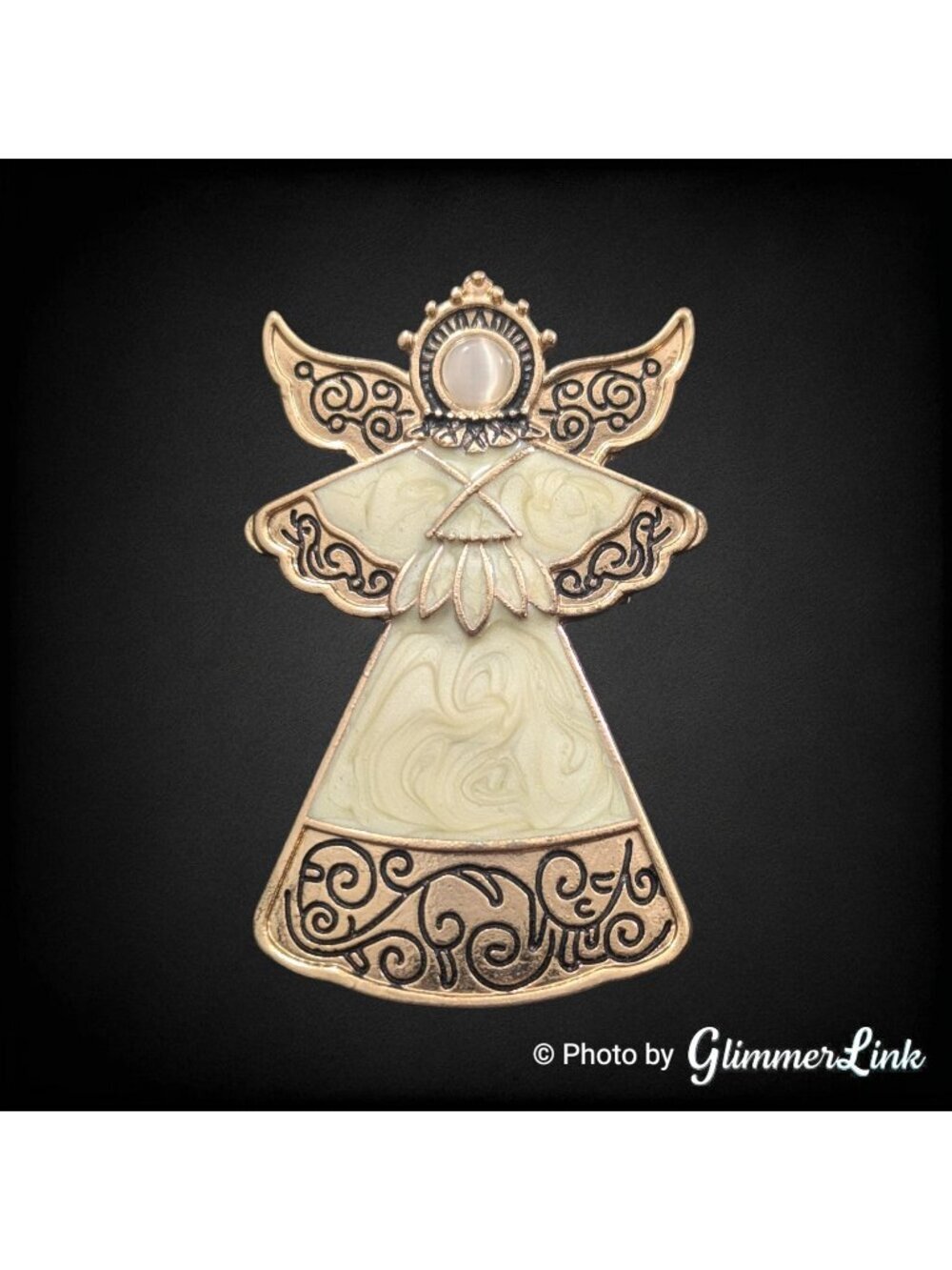 Vintage KC Angel Cream Enamel Moonglow Cabochon Gold Tone Brooch Pin